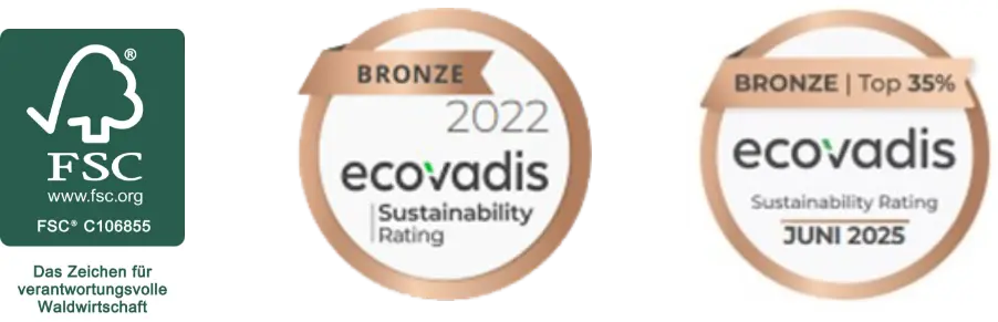 FSC_und_ecovadis_2022_2025 FSC-Zertifikat, Ecovadis Medaille 2022, Ecovadis Medaille 2025